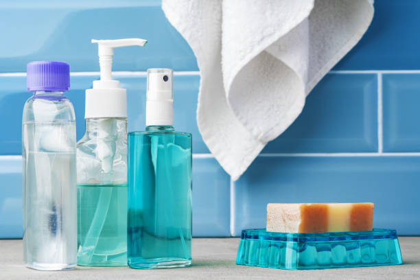 istock Soap and toiletries on shelf in blue bathroom 1357654995