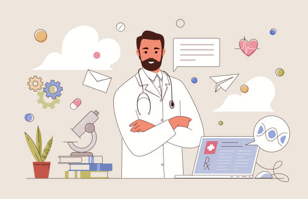 doctor's office General practitioner in office with microscope, computer and books on table. Doctor sends patient test results, prescription, recommendations by e-mail. Vector flat cartoon illustration. sick leave cartoons stock illustrations
