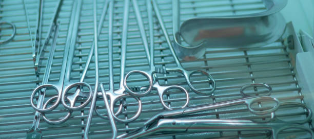 banner with Disinfection of medical instruments. Sterilization of gynecological medical instruments. stock photo