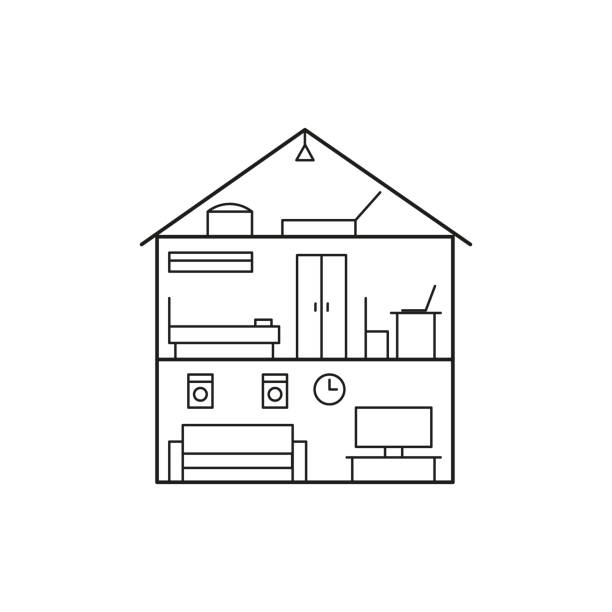 라인 플랜 하우스 내부, 섹션 인테리어, 잘라 집을 구축. 가구가 있는 거실과 침실. 벡터 선 그림 - plan house home interior planning stock illustrations