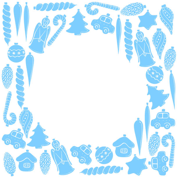 Vector background, frame, border of blue silhouettes decorations for xmas tree. Edging for New Year, Christmas design Vector background, frame, border of blue silhouettes decorations for xmas tree. Edging for New Year, Christmas design. silhouette of christmas cookie border stock illustrations