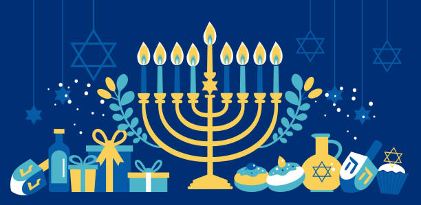 ilustraciones, imágenes clip art, dibujos animados e iconos de stock de fiesta judía hanukkah tarjeta de felicitación tradicional janucá símbolo-menorá candels. ilustración vectorial de stad davud en azul - hanukkah menorah candle blue