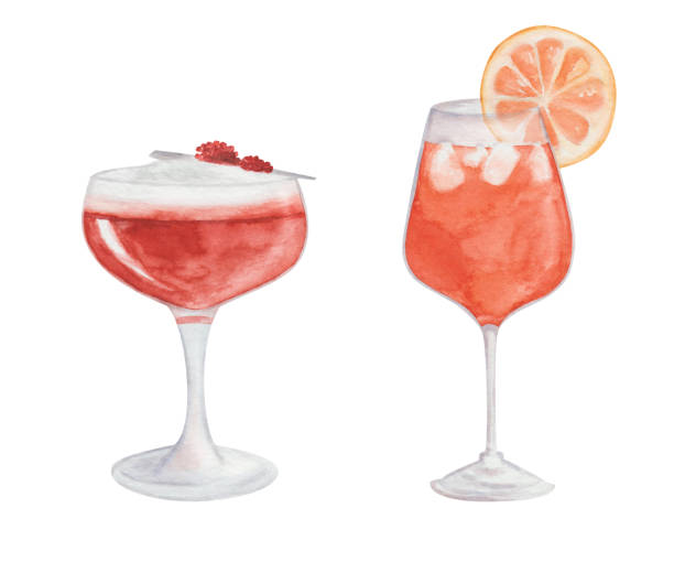 illustrations, cliparts, dessins animés et icônes de aquarelle peinte à la main orange, cocktail rouge en verre avec des tranches de fruits, glace cubique, framboise, crème fouettée. clip art isolé spritz pour le menu au restaurant, café. boisson alcoolisée - raspberry soda