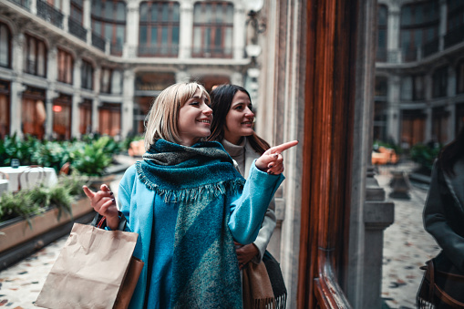 Smiling Female Friends Shopping Together In City Center