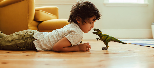 Cute young boy looking at his dinosaur toy at home. Adorable little boy playing with a t-rex dinosaur toy while lying on the floor in his play area.