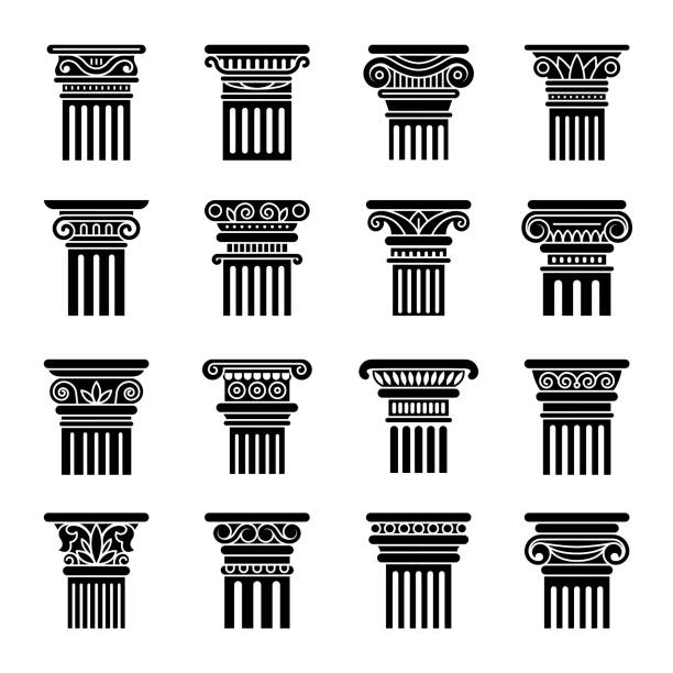 starożytne filary. greckie stylizowane kwiatowe kolumny dekoracyjne na wystawę historyczną muzeum najnowsze wektor płaskie symbole zestaw izolowany - ancient rome obrazy stock illustrations