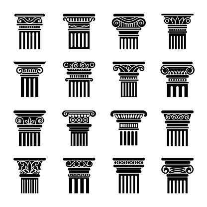 Ancient pillars. Greek stylized floral decorative columns for museum historical exhibition recent vector flat symbols set isolated. Illustration of architecture column and pillars