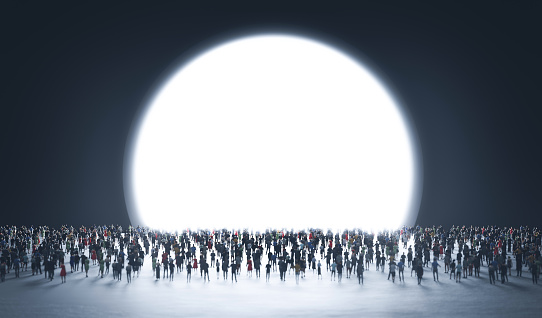 People look at big glowing circle. 3D illustration