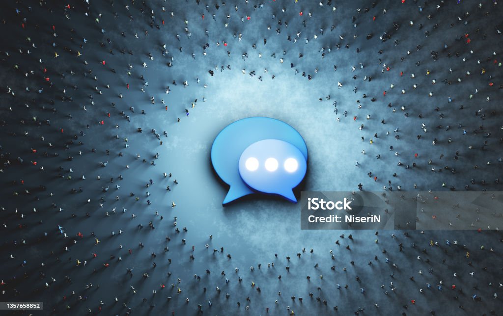 Crowd of around speech bubble chat message symbol Crowd of around speech bubble chat message symbol. Modern communication concept. 3D illustration Speech Bubble Stock Photo