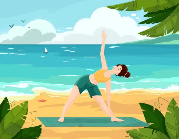 Vector illustration of A woman practices yoga on the sea beach under palm trees. Vector colorful illustration in cartoon style.
