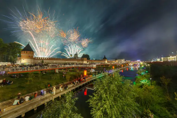 summer night fireworks above the kremlin at end of day of the city in Tula, Russia.