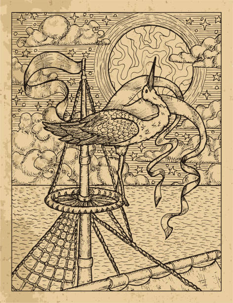 черно-белая иллюстрация изящного аиста в гнезде на корабельной мачте на фоне моря, луны и облаков - cloud cloudscape symbol ink stock illustrations