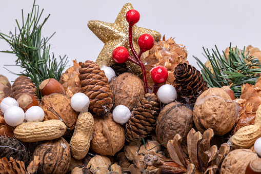Christmas decorations with pine cones and nuts