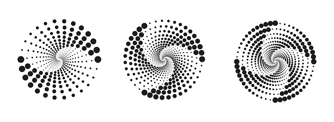 Dotted, dots, speckles abstract concentric circle. Spiral, swirl, twirl element.Circular and radial lines volute, helix.Segmented circle with rotation.Radiating arc lines.