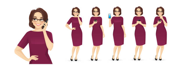 Elegant mature business woman with phone vector art illustration