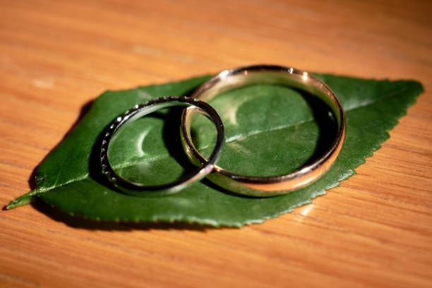 istock Two golden wedding rings in glass box on table, copy space. Wedding concept 1357660197