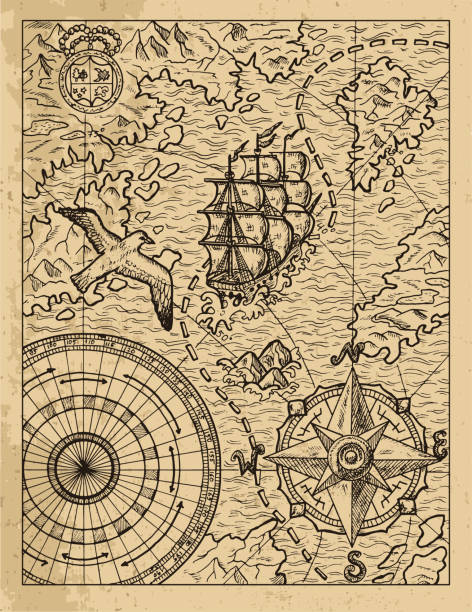 istock Old textured illustration of old map with sailboat, gull, unknown lands and islands, compass and wind rose. 1357660759