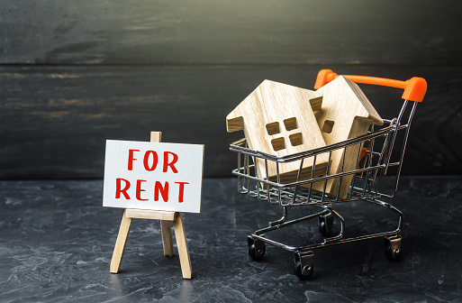 Homes in a shopping cart and for rent easel. Real estate Real Estate Agent services. Legal procedure for concluding a contract. Investment in rental business. Purchase of housing for rent.