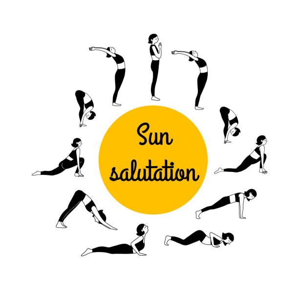 illustrations, cliparts, dessins animés et icônes de salutation au soleil avec des figures féminines - salutation au soleil