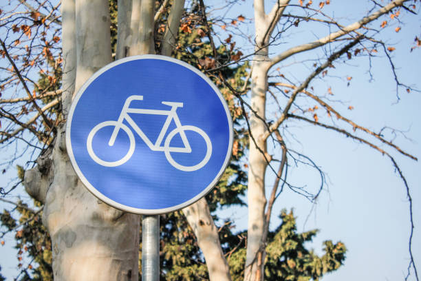 istock Bicycle road sign with with tree branches on background 1357665001