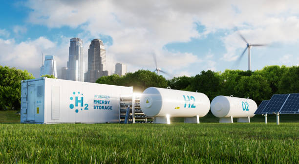 Concept of an energy storage system based on electrolysis of hydrogen in a clean environment with photovoltaics, wind farms and a city in the background. 3d rendering.