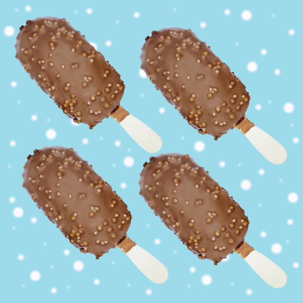 istock Chocolate ice cream on a blue background with elements of a raster pattern. 1357665352
