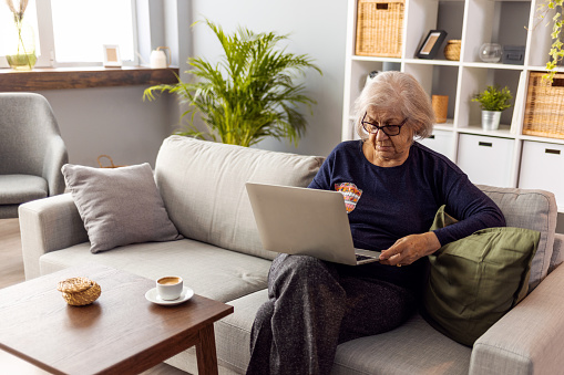 Worried elderly lady having video conference, using laptop, sitting on sofa in the living room at home.