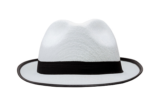 Simple classic black and white fedora hat, object isolated on white, front view cut out. Fancy clothing, stylish fashion accessory design element. Party wear props and accessories, summer clothes