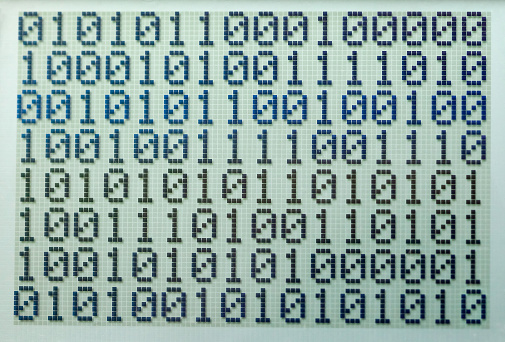 Binary system digits, bits data array, zeroes and ones, 1 0 abstract computer science technology background texture, bit stream, simple retro LCD screen, display detail, extreme closeup, nobody