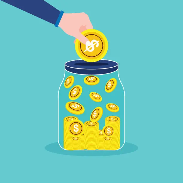 Vector illustration of Hand saving coins in glass jar