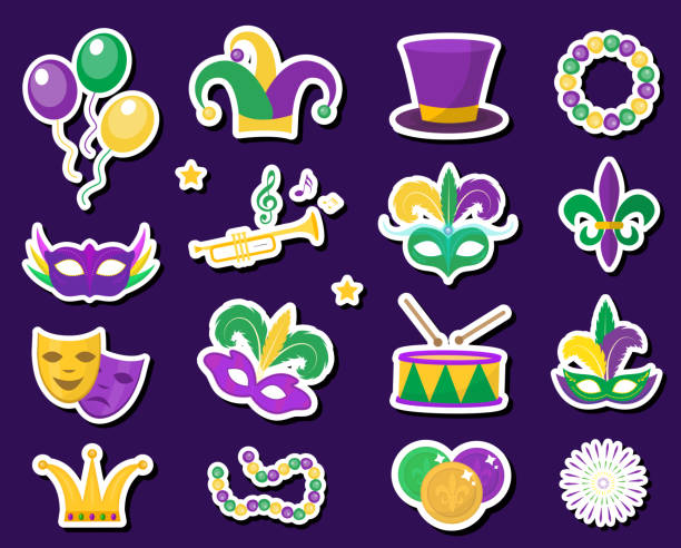 illustrazioni stock, clip art, cartoni animati e icone di tendenza di mardi gras adesivi carnevale patch badge set icone, elemento di design, stile piatto. collezione mardi gras, maschera con piume, pere, jolly, fleur de lis, commedia e tragedia, decorazioni per feste - jesters hat