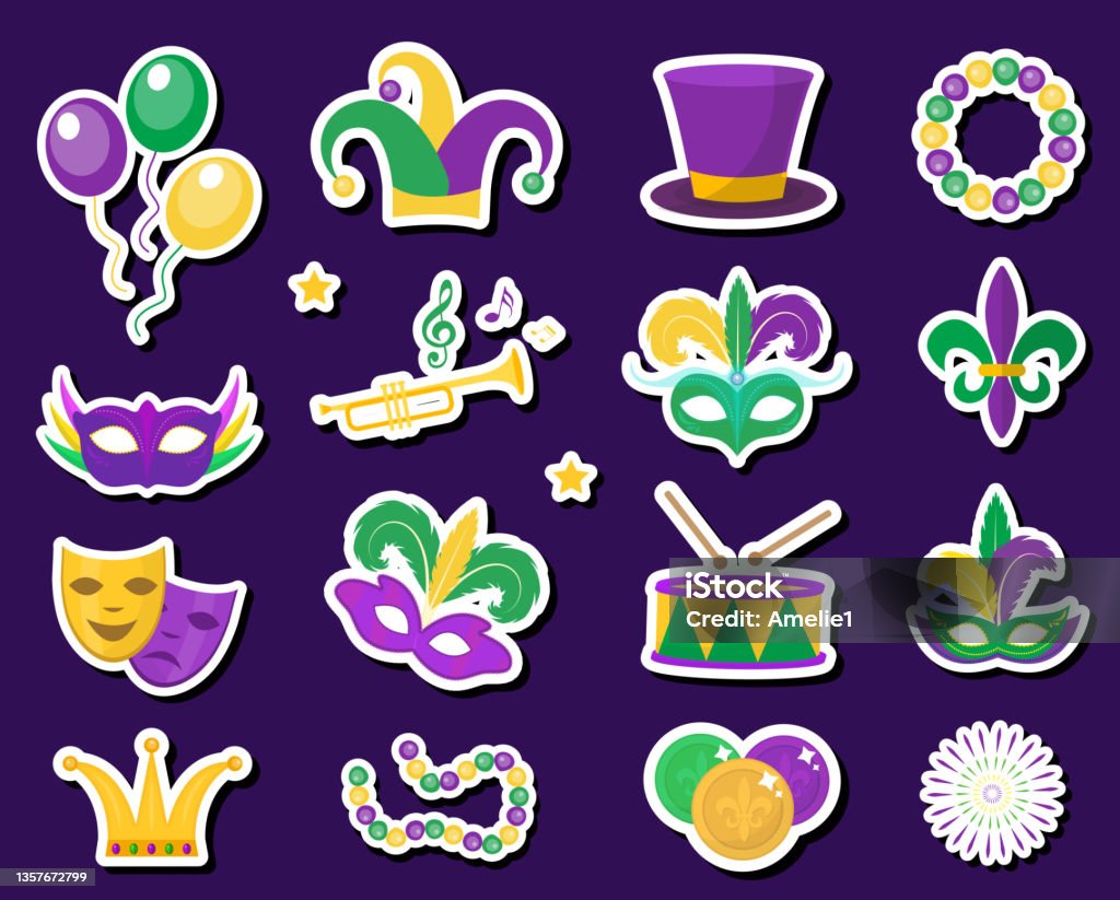 Mardi Gras Carnival Stickers Patches Badges Set Icons Design Element Flat  Style Collection Mardi Gras Mask With Feathers Beads Joker Fleur De Lis  Comedy And Tragedy Party Decorations Stock Illustration - Download