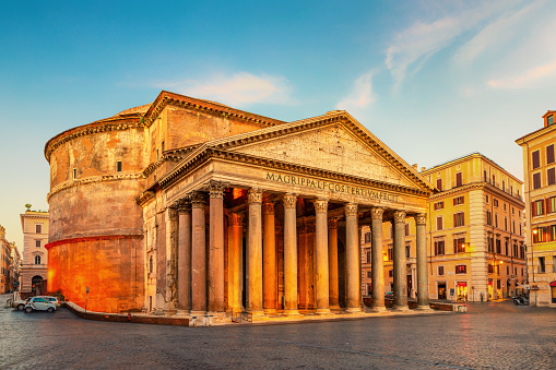 Rome, Italy - November 2 2023:  Imposing facade of the ancient Pantheon temple and church