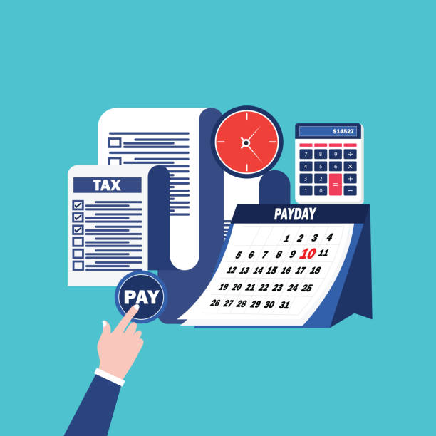 Tax payment flat isometric vector concept USA ,India, Tax, Exchanging, Lifestyles, Paying, Calendar, Receipt ,Clock, Time ,Calculator tax form stock illustrations