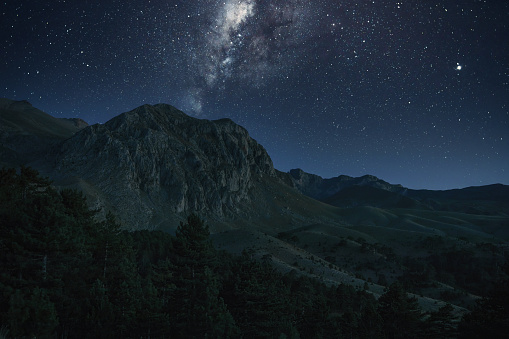 Milky Way in Kizildag National Park with the view of Dedegol Mountain in Melikler Plateau, Yenisarbademli, Turkey