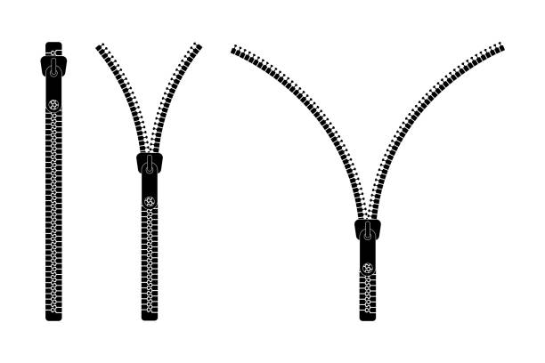 Zip icon. Open and closure of fastener of clothes. Zipper for bag, jacket and clothing. Pull lock by teeth for unzip. Fastener for pocket. Fashion accessories for textile and leather. Vector Zip icon. Open and closure of fastener of clothes. Zipper for bag, jacket and clothing. Pull lock by teeth for unzip. Fastener for pocket. Fashion accessories for textile and leather. Vector. leather clasp stock illustrations