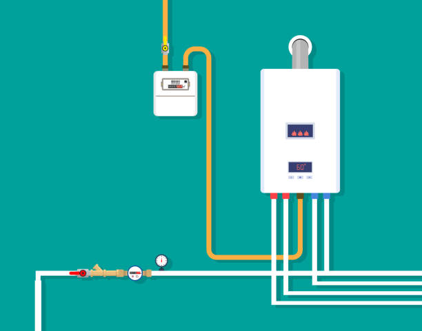 ilustrações, clipart, desenhos animados e ícones de sistema de aquecimento em casa. caldeira de gás com medidor de gás, medidor de água, válvula, bomba, equipamento de controle, torneira e tubos. quarto do porão em casa com forno na parede. tanque montado moderno. vetor - valve natural gas gas pipe gas