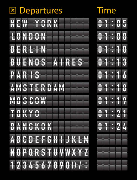 flughafenflugplan. flughafenverpflegung für abflug und ankunft. informationen zum flug. schriftart auf dem anzeigefeld. ziel auf dem anzeiger. fahrplan am terminal. realistisches alphabet mit zeitplan. vektor - arrival stock-grafiken, -clipart, -cartoons und -symbole