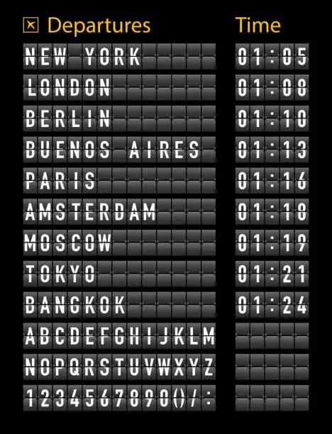 Vector illustration of Airport timetable. Airport board for departure and arrive. Information of flight. Font on display panel. Destination on scoreboard. Timetable on terminal. Realistic alphabet with schedule. Vector