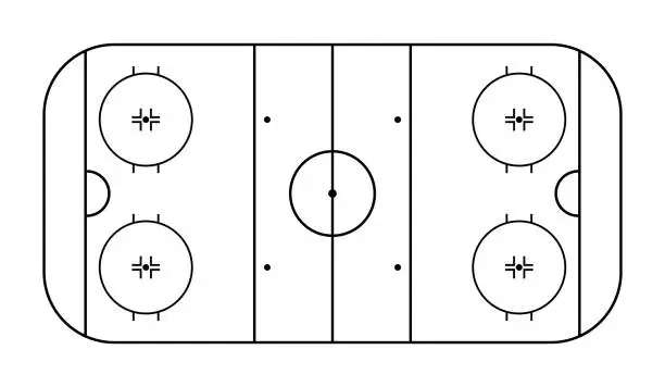 Vector illustration of Hockey field. Outline rink. Hockey ice arena for nhl and winter sport game. Ice pitch in top view. Stadium with graphic line diagram. Outline background for plan and play. Vector