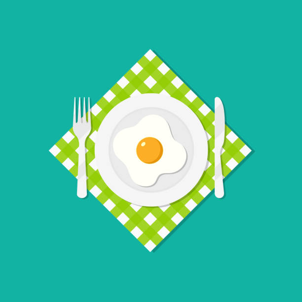 Fried egg on plate. Food with knife and fork on table. Breakfast with green napkin. Illustration for menu, lunch, restaurant and delicious. Tablecloth for kitchen. Flat icon for healthy food. Vector Fried egg on plate. Food with knife and fork on table. Breakfast with green napkin. Illustration for menu, lunch, restaurant and delicious. Tablecloth for kitchen. Flat icon for healthy food. Vector. 1528 stock illustrations