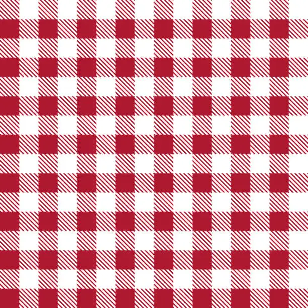 Vector illustration of Picnic pattern. Red gingham. Red-white tablecloth or napkin. Square cloth for plaid, blanket or kitchen. Checkered seamless background. Texture for restaurant, menu and table. Vector