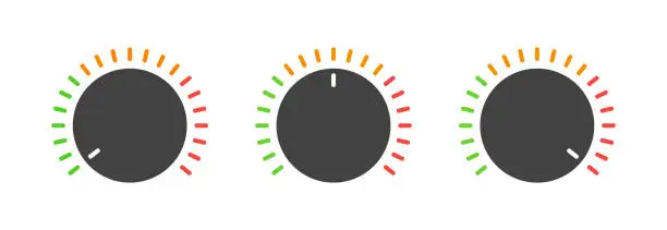 Vector illustration of Volume button. Circle button with dial for audio, sound and music. Control and switch of volume from max level to min. Interface icon for analog regulator. Round knob. Vector