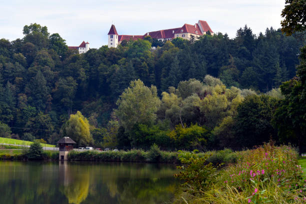 Czocha Castle, the favorite castle of the admirers of the novel J.K. Rowling-Harry Potter.View from above the lake in the morning