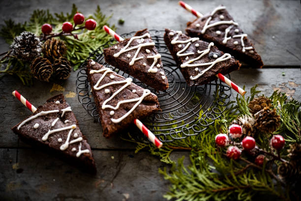 Brownies in christmas tree shapes stock photo