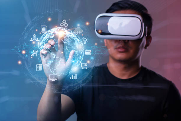 メタバースと未来のデジタル技術。vrメガネを身に着けている男は、仮想グローバルインターネット接続メタバースに触れる手。グローバルビジネス、デジタルマーケティング、メタバース� - vr ストックフォトと画像