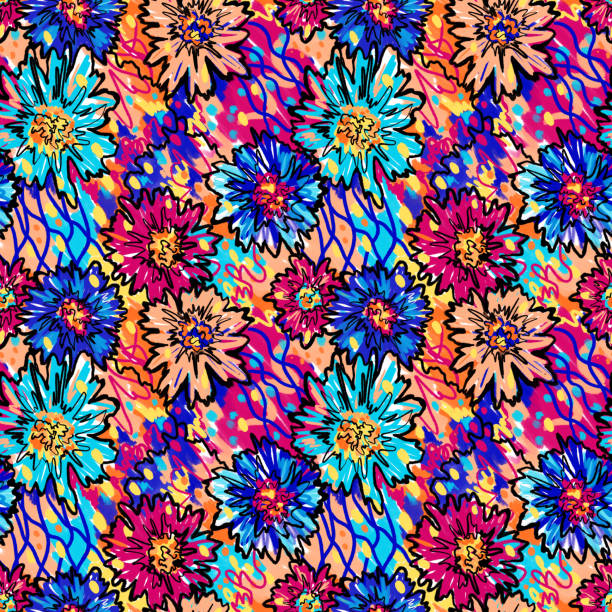 istock Colorful abstract flowers in seamless pattern. Pink blue orange colors. Texture for print, fabric, textile, wallpaper. 1357676966