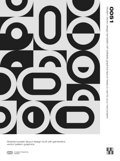 Swiss Poster Design Template With Abstract Geometric Shapes Swiss poster design template layout with clean typography and minimal vector pattern with colorful abstract geometric shapes. Great for branding, presentation, album print, website header, web banner. minimal magazine layout stock illustrations