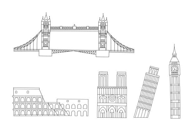 ilustrações de stock, clip art, desenhos animados e ícones de vector line hand drawn illustration with famous world landmarks. isolated on white background - local landmark international landmark middle ages tower of london