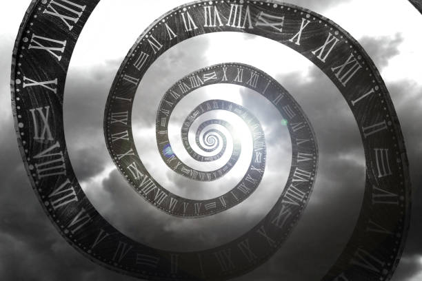 istock Surreal infinity time spiral in space, antique old clock abstract fractal spiral 3d illustration 1357683087